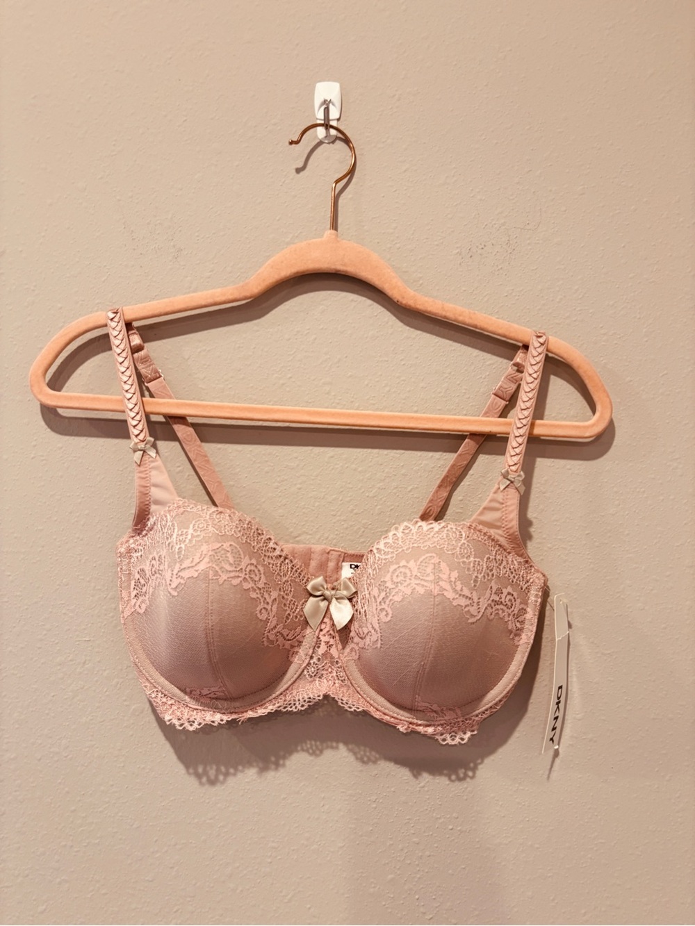 DKNY Lace Underwire Bra in Blush Pink Feminine Refined Delicate Soft Satin Bow
